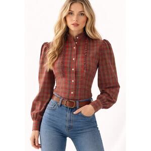 Vintage 60s Women's Small Prairie Blouse Red Plaid Fitted Shirt
